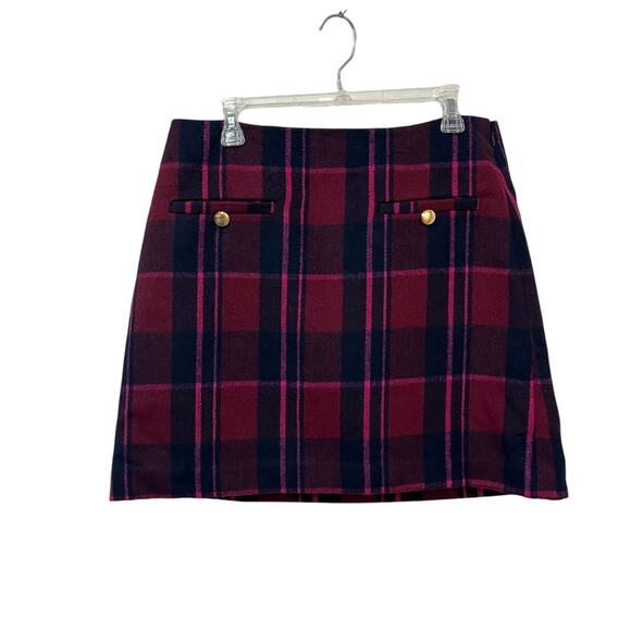 LOFT Plaid Wool Blend Mini Skirt Pink Navy Check Holiday Skirt Size 10 - Picture 2 of 7